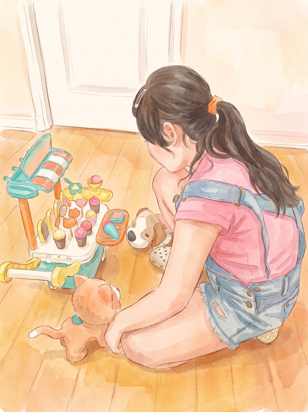 Ilustración de una niña jugando con material didáctico en una sesión de Lelikelen